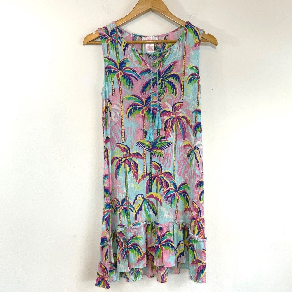 Stella Parker Palm Tree Shift Dress Tropical Resort Beach Poolside Tassel Mini M